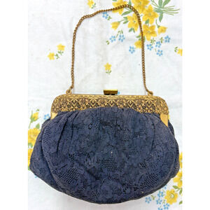 Vintage Black Lace Evening Purse Brass Filigree Frame Chain Handle w/ Coin Purse